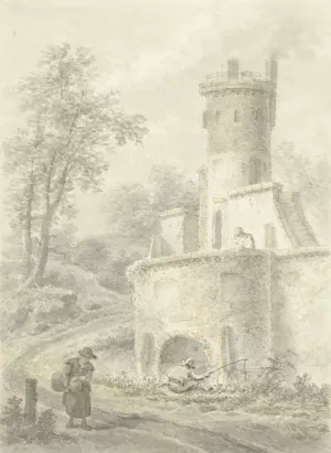 Landschap met hengelaar en wandelende vrouw bij een vestingtoren by Pieter Bartholomeusz Barbiers Oil Painting
