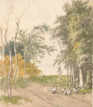 Landschap met kippen langs de weg by Pieter Bartholomeusz Barbiers Oil Painting