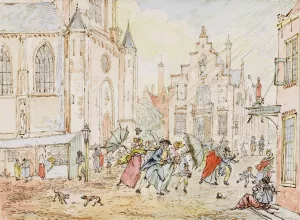 Plein met mensen in de regen by Pieter Bartholomeusz Barbiers Oil Painting