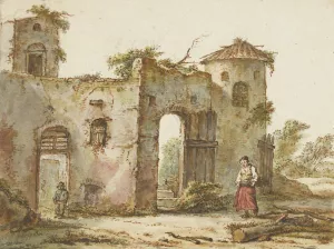 Vervallen gebouw met rechts een houtsprokkelaarster by Pieter Bartholomeusz Barbiers Oil Painting