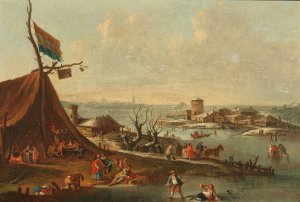 A winter harbour scene with ice-skaters Oil painting by Pieter Bout