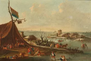 A winter harbour scene with ice-skaters by Pieter Bout Oil Painting