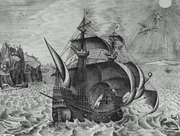 Main Product Photo of The Armed Three-Master with Daedalus and Icarus in the Sky Icarus Painting by Pieter Bruegel The Elder