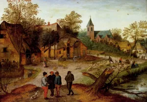 A Village Landscape With Farmers by Pieter Bruegel The Younger Oil Painting
