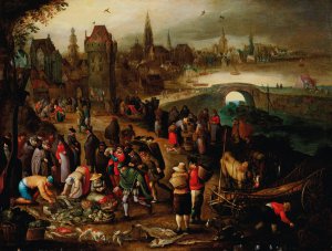 A fish market before a city on the water by Pieter Brueghel III Oil Painting