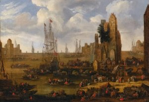 A Capriccio View Of A Busy Harbour Scene With Figures Loading Their Boats by Pieter Casteels III Oil Painting