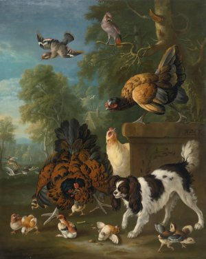 A Family of Chickens Fending Off A Spaniel In A Landscape by Pieter Casteels III Oil Painting