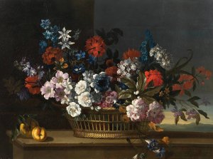 Mixed flowers in a basket beside peaches on a table, a landscape beyond by Pieter Casteels III Oil Painting