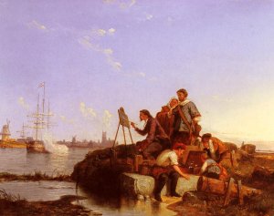 Artist at His Easel with Shipping Beyond by Pieter Christian Dommerson Oil Painting