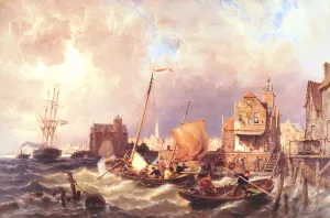 Shipping Before a Dutch Harbour Town painting by Pieter Christian Dommerson