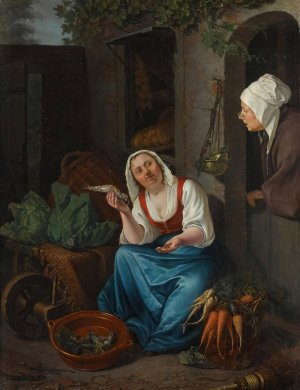 A Young Woman Selling Fish And Vegetables by Pieter Christoffel Wonder Oil Painting