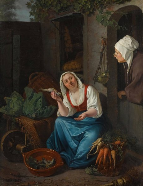 Main Product Photo of A Young Woman Selling Fish And Vegetables Painting by Pieter Christoffel Wonder