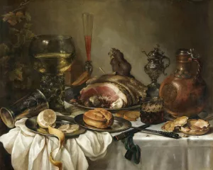 Still Life Of A Roemer, An Earthenware Jug, An Overturned Silver Beaker, A Ham And Other Objects Arranged Upon A Draped Table Top by Pieter Claesz Oil Painting