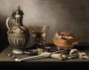 Still Life with a Stoneware Jug, Berkemeyer, and Smoking Utensils by Pieter Claesz Oil Painting
