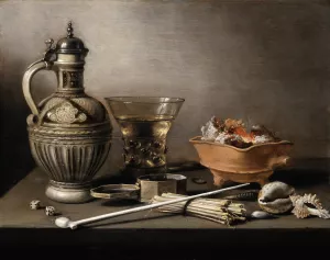 Still Life with a Stoneware Jug, Berkemeyer, and Smoking Utensils by Pieter Claesz Oil Painting