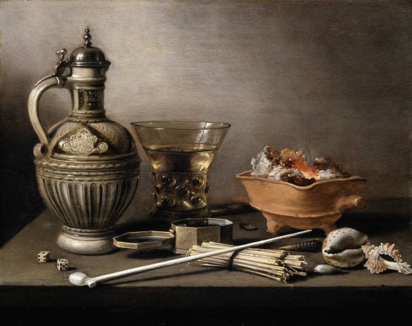 Main Product Photo of Still Life with a Stoneware Jug, Berkemeyer, and Smoking Utensils  Painting by Pieter Claesz