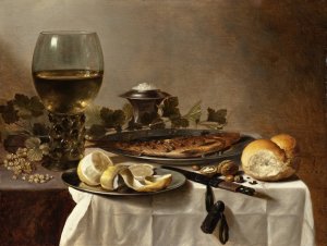 Still Life with Herring, Wine and Bread by Pieter Claesz Oil Painting