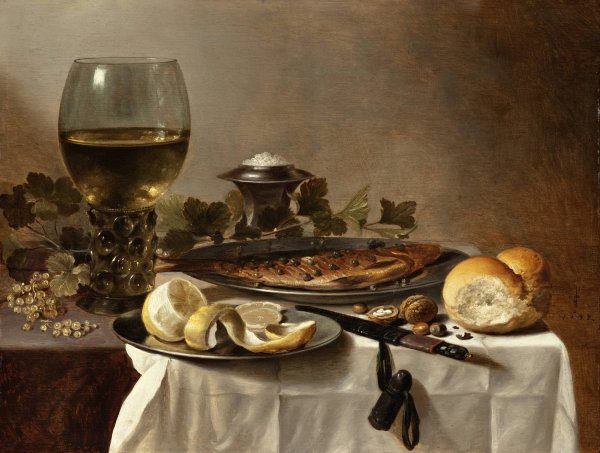 Main Product Photo of Still Life with Herring, Wine and Bread  Painting by Pieter Claesz