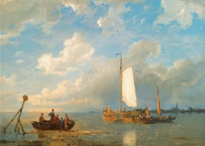 Shipping In A Dutch Estuary At Low Tide by Pieter Cornelis Dommersen Oil Painting