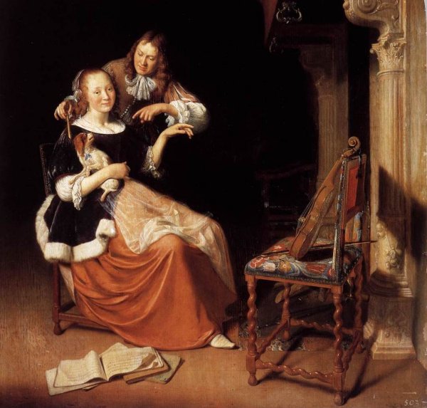 Main Product Photo of Lady with a Pet Dog Painting by Pieter Cornelisz Van Slingeland