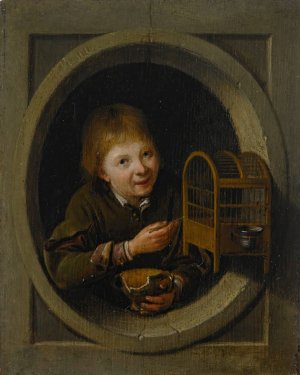 Boy In a Window With a Birdcage by Pieter Cornelisz Van Slingelandt Oil Painting