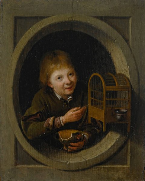 Main Product Photo of Boy In a Window With a Birdcage Painting by Pieter Cornelisz Van Slingelandt