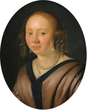 Portrait Of A Lady, Head And Shoulders, Wearing Pearl Earrings And A Necklace by Pieter Cornelisz Van Slingelandt Oil Painting