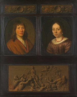Portraits of a Man and a Woman framed with two ornamental frieze miniatures with shell motif and a Triumph of Amphitrite by Pieter Cornelisz Van Slingelandt Oil Painting