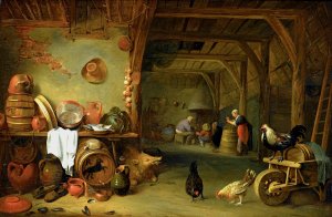 A Barn Interior With a Still Life of Fish On a Plate, a Cabbage, Earthenware And Copper Pots And Pans And Other Kitchen Utensils by Pieter De Bloot Oil Painting