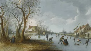 A Frozen River Landscape With A Man Pushing His Wife Along The Ice In A Sledge by Pieter De Bloot Oil Painting