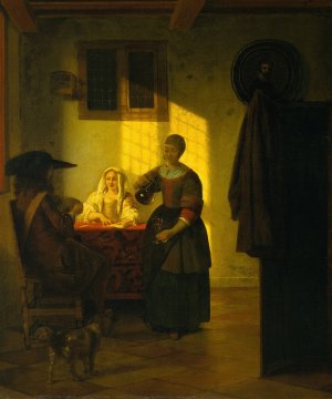 A Couple Playing Cards, with a Serving Woman by Pieter De Hooch Oil Painting