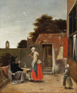 A Man Smoking and a Woman Drinking in a Courtyard by Pieter De Hooch Oil Painting