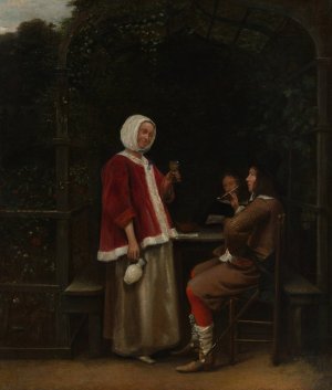 A Woman and Two Men in an Arbor by Pieter De Hooch Oil Painting