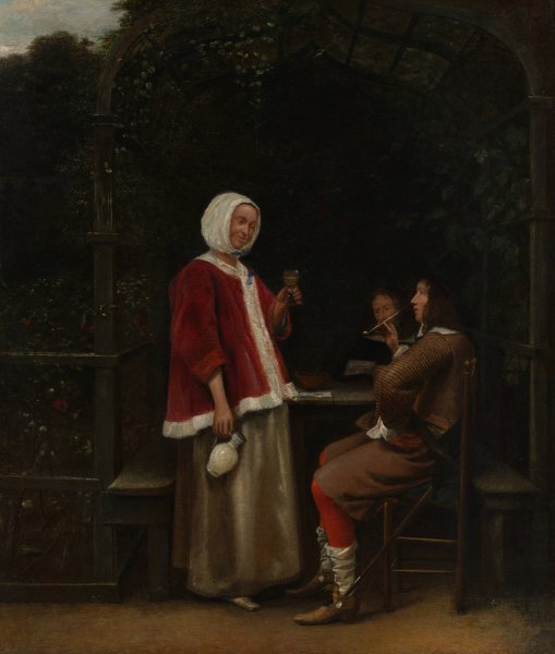 A Woman and Two Men in an Arbor  by Pieter De Hooch - Hand-Painted Oil Painting Reproduction