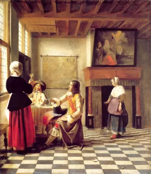 A Woman Drinking with Two Men and a Serving Woman painting by Pieter De Hooch