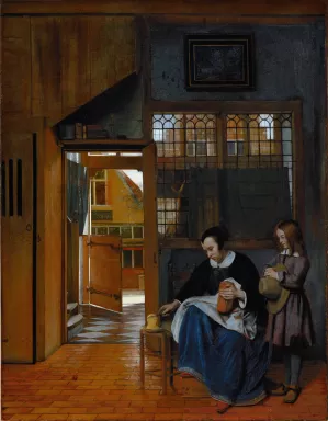 A Woman Preparing Bread and Butter for a Boy by Pieter De Hooch Oil Painting