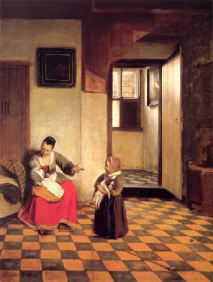A Woman with a Baby in Her Lap and a Small Child by Pieter De Hooch - Oil Painting Reproduction