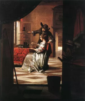 Couple with Parrot by Pieter De Hooch - Oil Painting Reproduction