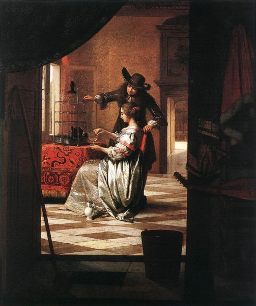 Couple with Parrot by Pieter De Hooch - Hand-Painted Oil Painting Reproduction