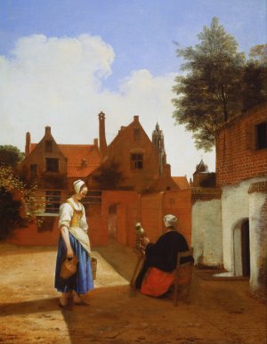 Courtyard in Delft at Evening- a Woman Spinning by Pieter De Hooch Oil Painting
