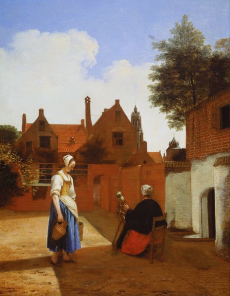 Courtyard in Delft at Evening- a Woman Spinning by Pieter De Hooch - Hand-Painted Oil Painting Reproduction