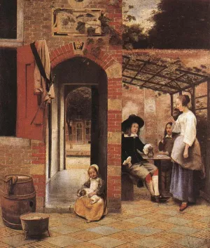Drinkers in the Bower by Pieter De Hooch - Oil Painting Reproduction