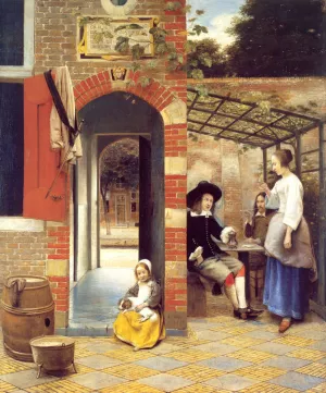 Figures Drinking in a Courtyard by Pieter De Hooch Oil Painting