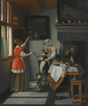 Interior With A Child Feeding A Parrot by Pieter De Hooch Oil Painting