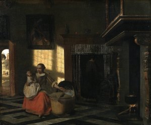 Interior with a Mother close to a Cradle by Pieter De Hooch Oil Painting