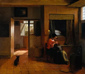 Interior with a Mother delousing her child's hair, known as 'A Mother's duty' by Pieter De Hooch - Oil Painting Reproduction