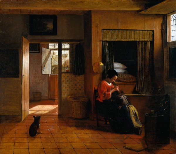 Main Product Photo of Interior with a Mother delousing her child's hair, known as 'A Mother's duty' Painting by Pieter De Hooch