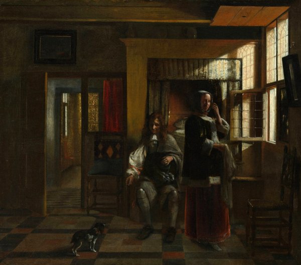 Interior with a Young Couple  by Pieter De Hooch - Hand-Painted Oil Painting Reproduction