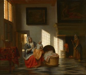 Interior with mother and child, 'Mother joy' by Pieter De Hooch Oil Painting