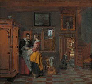 Interior with Women beside a Linen Cupboard by Pieter De Hooch Oil Painting